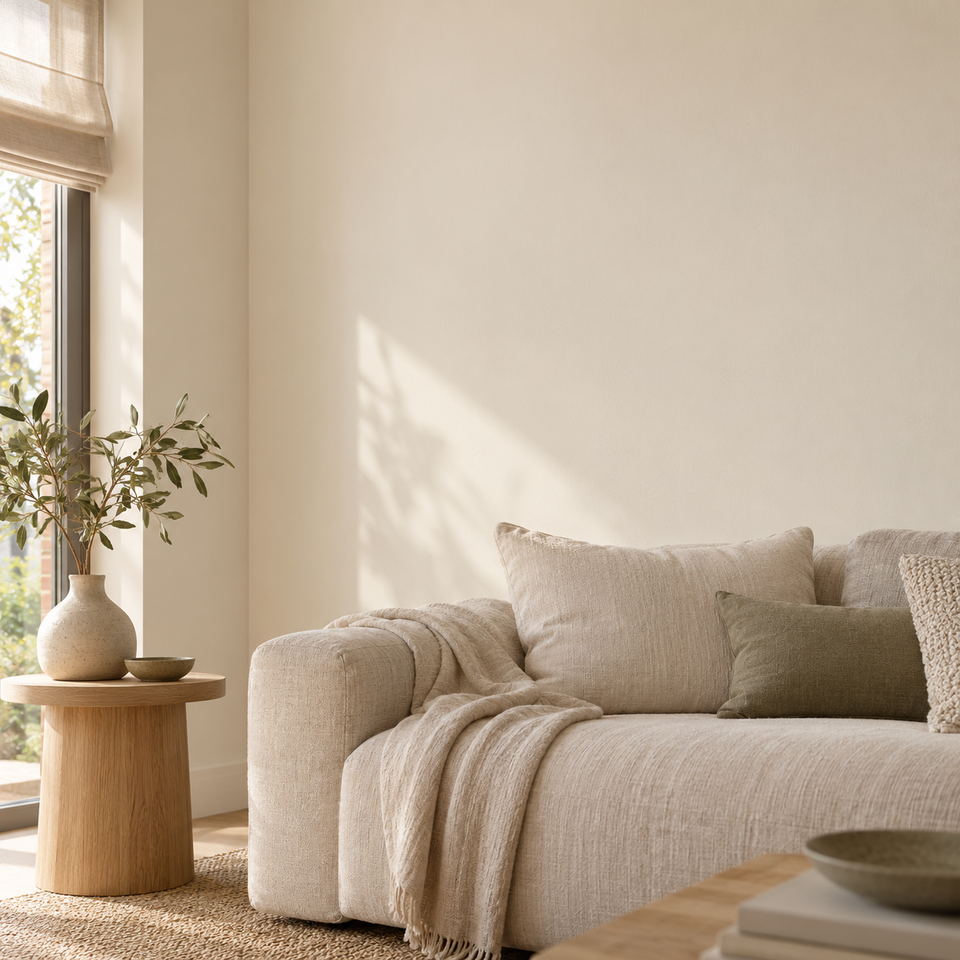 Woonkamer met een warmwitte matte wand, lichte bank en houten bijzettafel.