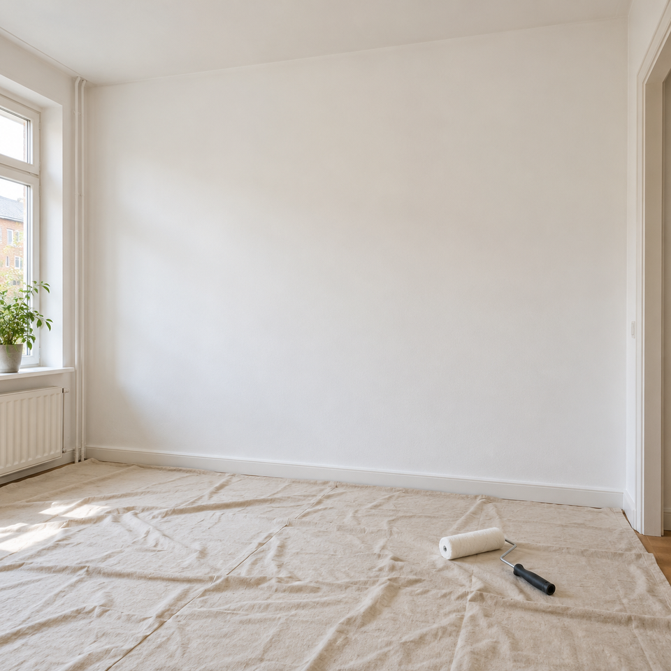 Witte wand met een afgedekte vloer en een schilderroller klaar voor gebruik.