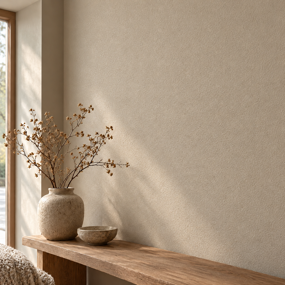 Beige wand met duidelijk zichtbare fijne korrelstructuur boven een houten console.