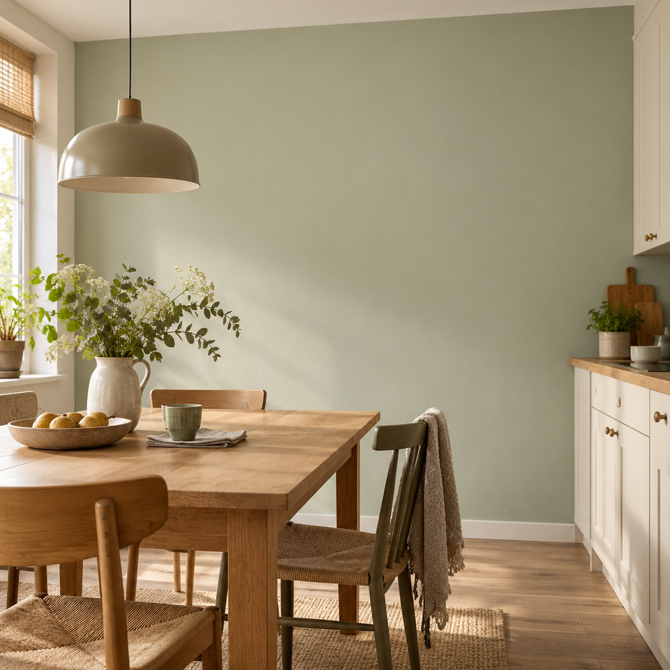 Keuken met een zacht saliegroene wand, houten eettafel en lichte keukenkasten.